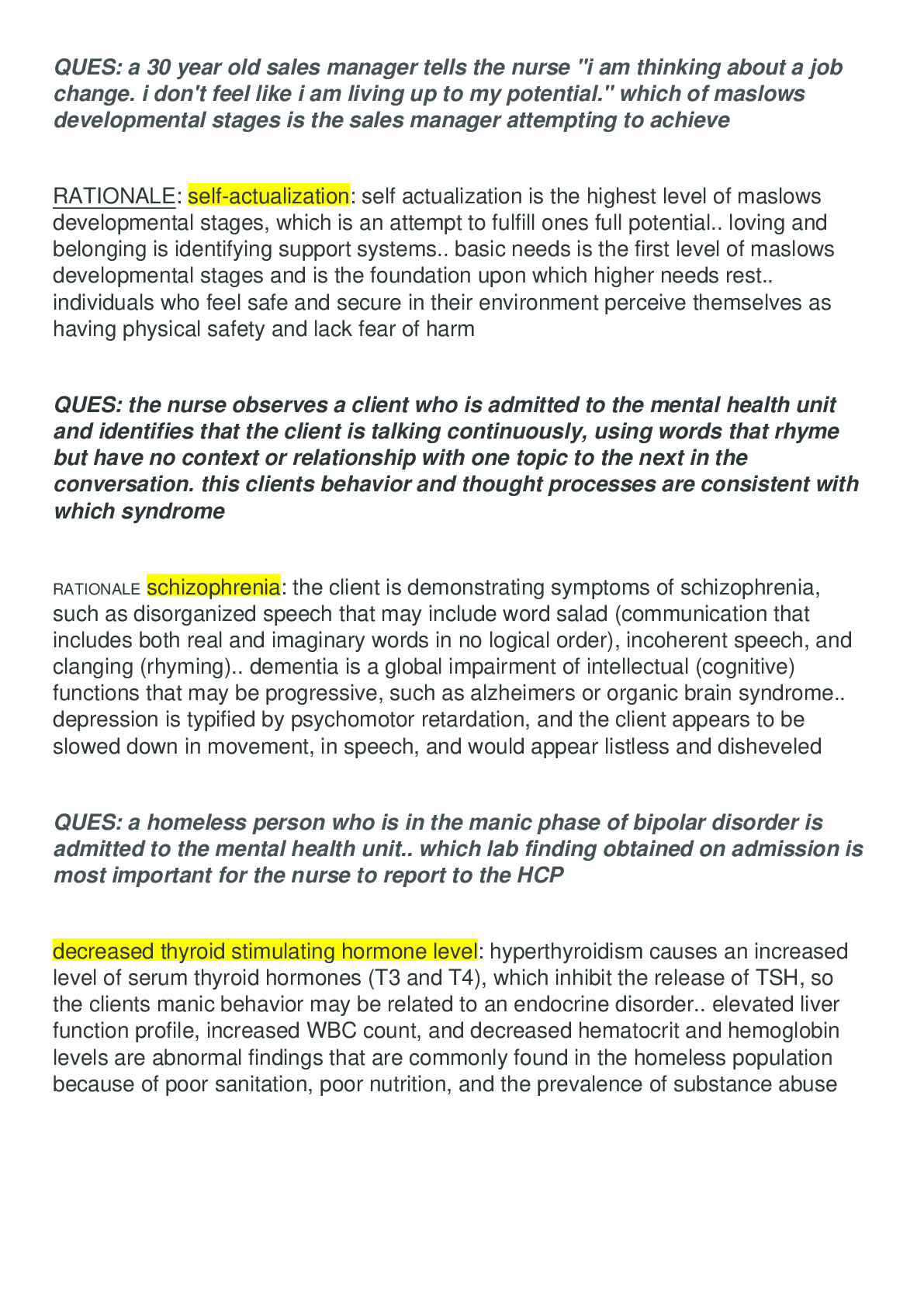 Preview of ASN 100 Mental Health Hesi Review Questions